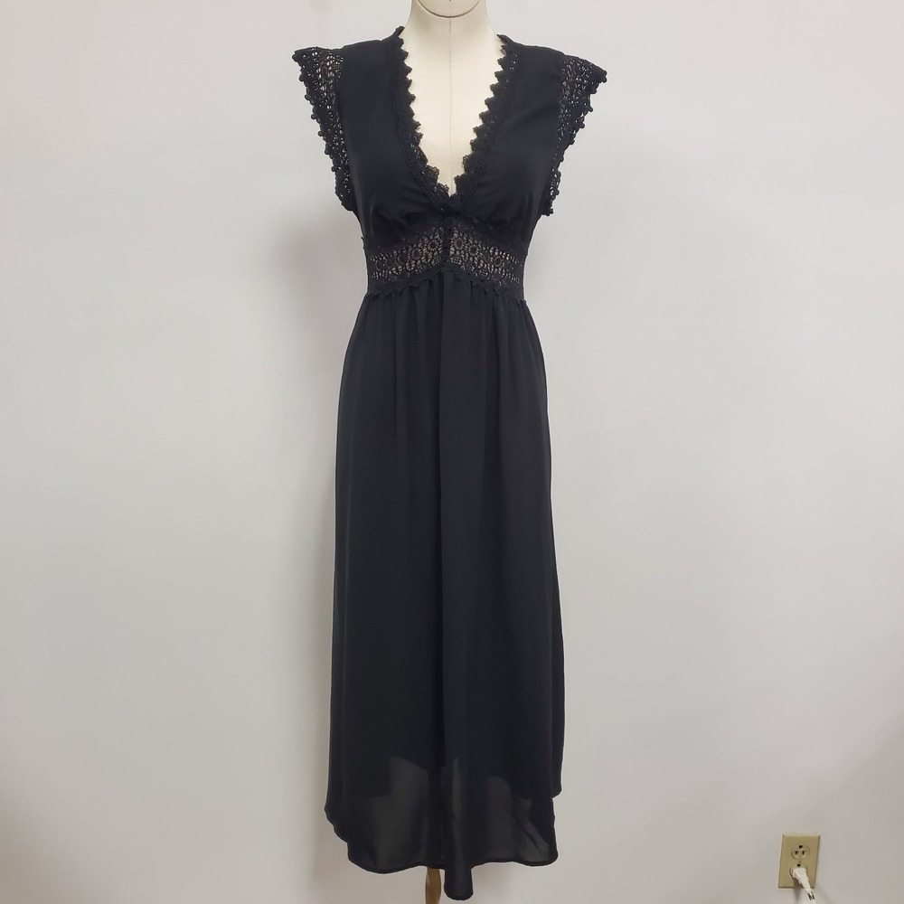 Shein Womens Crochet Inlet‎ Whimsigoth Babydoll Midi Dress Size M Dark Romantic